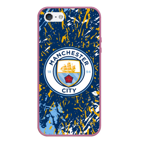 Чехол для iPhone 5/5S матовый Manchester city лого, брызги красок, цвет розовый