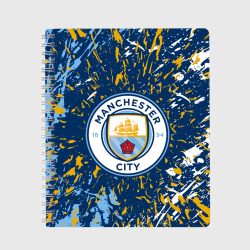 Тетрадь с принтом Manchester city лого, брызги красок, вид спереди №1