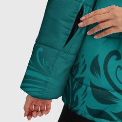 Куртка с принтом Малахитовые листья для женщины, вид на модели спереди №4. Цвет основы: черный
