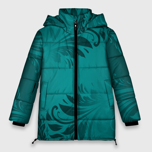 Женская зимняя куртка оверсайз с принтом Малахитовые листья, вид спереди №1