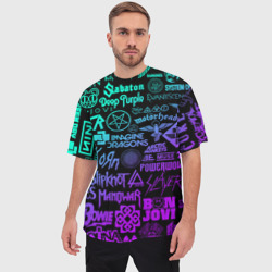 Мужская футболка oversize 3D Логотипы рок групп неон rock neon - фото 2