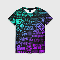 Женская футболка 3D Логотипы рок групп неон rock neon