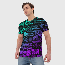Мужская футболка 3D Логотипы рок групп неон rock neon - фото 2