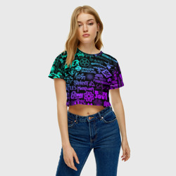 Женская футболка Crop-top 3D Логотипы рок групп неон rock neon - фото 2