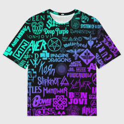 Мужская футболка oversize 3D Логотипы рок групп неон rock neon