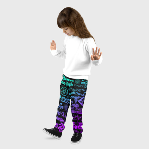 Детские брюки 3D Логотипы рок групп неон rock neon, цвет 3D печать - фото 3