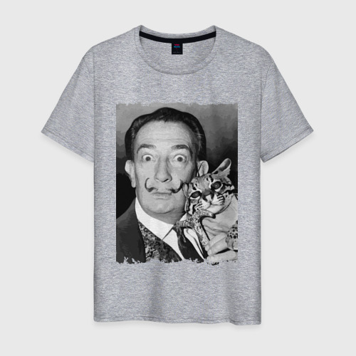 Мужская футболка хлопок Salvador Dali & nice cat, цвет меланж