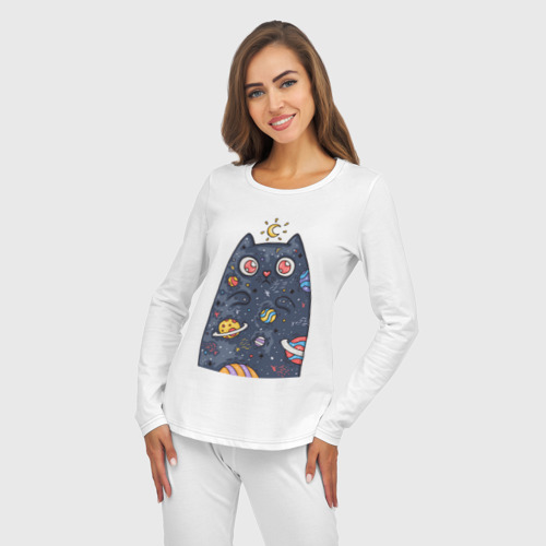 Женская пижама с лонгсливом хлопок Лунный КотЭ, цвет белый - фото 5