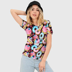Женская футболка 3D Slim Узор из сладостей на черном фоне - фото 2