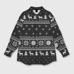 Женская рубашка oversize 3D Чёрный новогодний свитер с оленями 2022