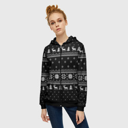 Женская толстовка 3D на молнии Чёрный новогодний свитер с оленями 2022 - фото 2