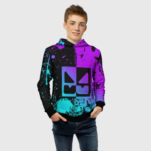 Детская толстовка 3D с принтом Geometry Dash neon levels smile, фото #4