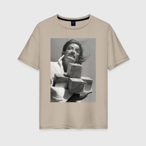 Женская футболка хлопок Oversize Salvador Dali and cross, цвет миндальный