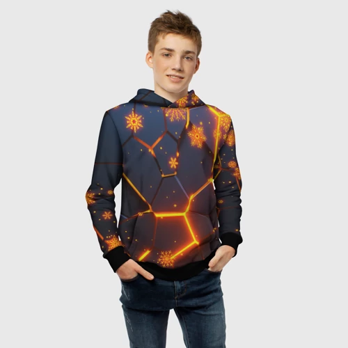 Детская толстовка 3D Новогодние огненные 3D плиты fire neon hexagon - фото 6