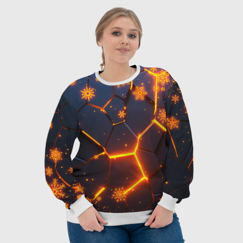 Женский свитшот 3D Новогодние огненные 3D плиты fire neon hexagon, цвет 3D печать - фото 6