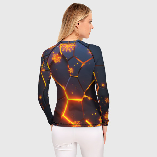 Женский рашгард 3D Новогодние огненные 3D плиты fire neon hexagon, цвет 3D печать - фото 4