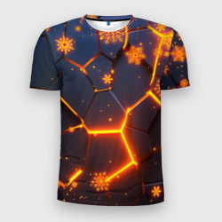 Мужская футболка 3D Slim Новогодние огненные 3D плиты fire neon hexagon