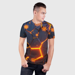 Мужская футболка 3D Slim Новогодние огненные 3D плиты fire neon hexagon - фото 2