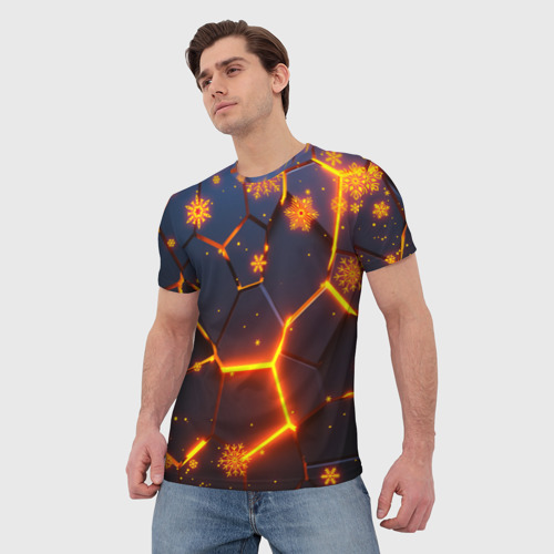 Мужская футболка 3D Новогодние огненные 3D плиты fire neon hexagon, цвет 3D печать - фото 3