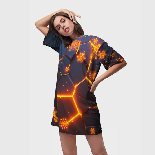 Платье-футболка 3D Новогодние огненные 3D плиты fire neon hexagon, цвет 3D печать - фото 3