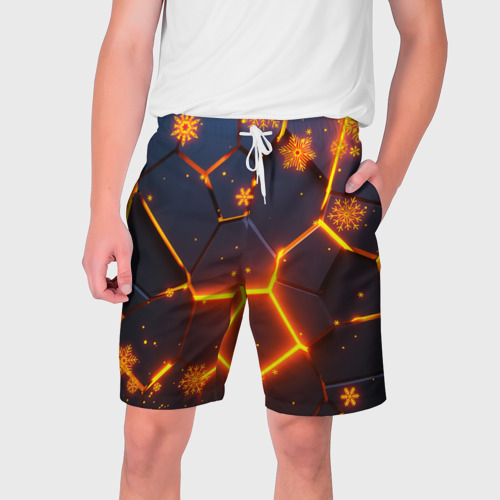 Мужские шорты 3D Новогодние огненные 3D плиты fire neon hexagon, цвет 3D печать