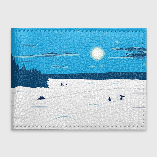 Обложка для студенческого билета Зимняя рыбалка на озере, цвет синий