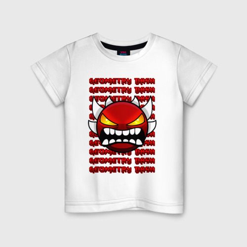 Детская футболка из хлопка с принтом Geometry Dash красный огненный демон, вид спереди №1