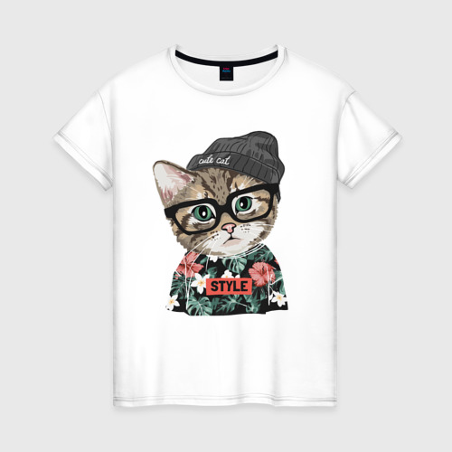 Женская футболка хлопок Принт с котёнком Хипстер