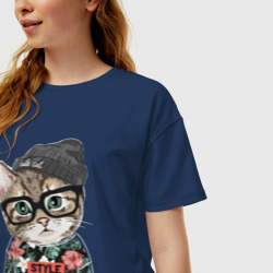 Женская футболка хлопок Oversize Принт с котёнком Хипстер - фото 2