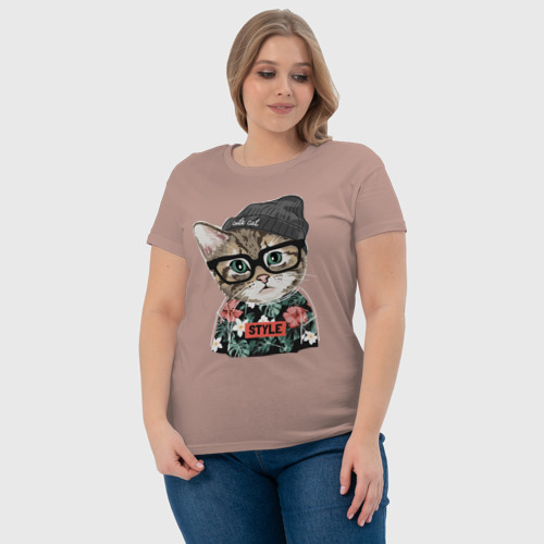 Женская футболка хлопок Принт с котёнком Хипстер, цвет пыльно-розовый - фото 6