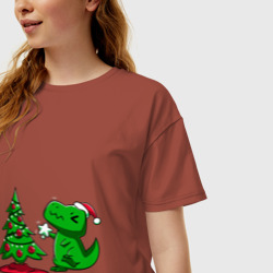 Женская футболка хлопок Oversize Рождественский динозавр Christmas dinosaur - фото 2