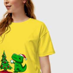 Женская футболка хлопок Oversize Рождественский динозавр Christmas dinosaur - фото 2