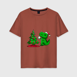 Женская футболка хлопок Oversize Рождественский динозавр Christmas dinosaur