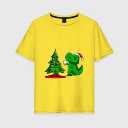 Женская футболка хлопок Oversize Рождественский динозавр Christmas dinosaur