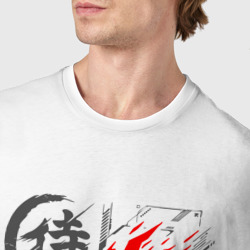 Футболка с принтом Cyberpunk 2077 демон samurai для мужчины, вид на модели спереди №4. Цвет основы: белый
