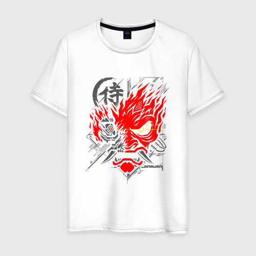 Мужская футболка из хлопка с принтом Cyberpunk 2077 демон samurai, вид спереди №1