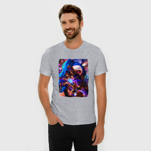 Мужская футболка хлопок Slim с принтом ARCANE LOL JINX FACE / LEAGUE OF LEGENDS, фото на моделе #1