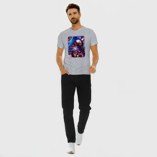 Мужская футболка хлопок Slim с принтом ARCANE LOL JINX FACE / LEAGUE OF LEGENDS, вид сбоку #3