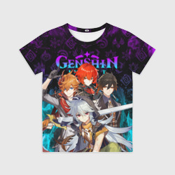 Детская футболка 3D Герои Геншин Импакт в неоновом огне Genshin Impact neon fire