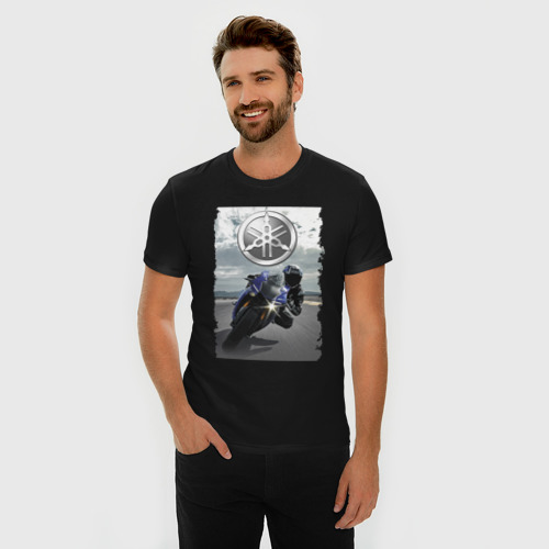 Мужская футболка хлопок Slim с принтом Yamaha racing, фото на моделе #1