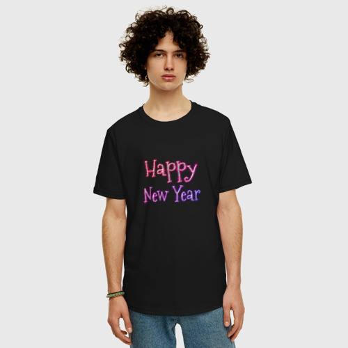 Мужская футболка хлопок Oversize с принтом Неоновая Надпись Новый Год | Happy New Year, фото на моделе #1