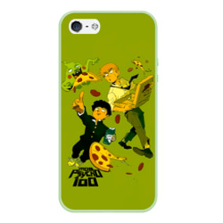 Чехол для iPhone 5/5S матовый Шигео, Ямочки и Рэйгэн налет на пиццу - Mob Psycho 100