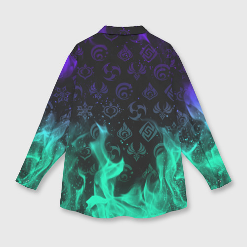 Мужская рубашка oversize 3D с принтом Геншин Импакт: неоновый огонь и символы, вид сзади #1