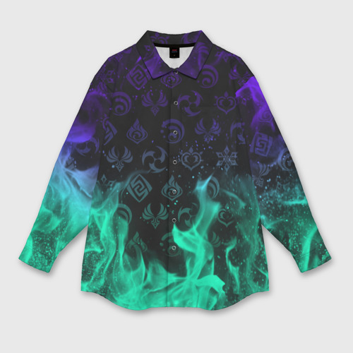 Мужская рубашка oversize 3D с принтом Геншин Импакт: неоновый огонь и символы, вид спереди #2