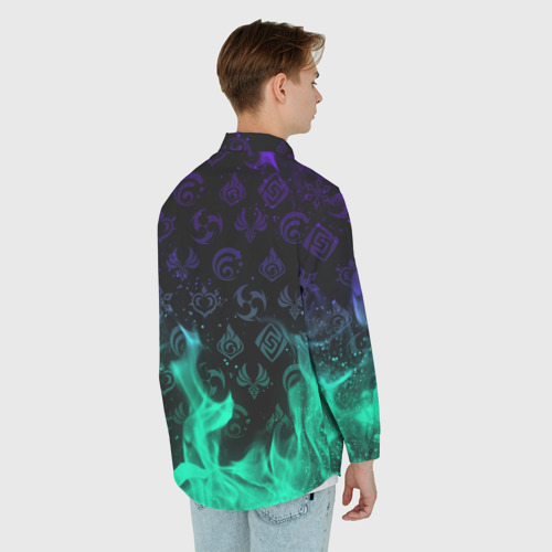 Мужская рубашка oversize 3D с принтом Геншин Импакт: неоновый огонь и символы, вид сзади #2