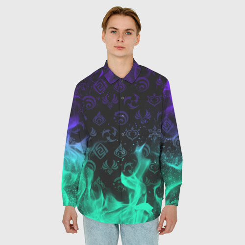 Мужская рубашка oversize 3D с принтом Геншин Импакт: неоновый огонь и символы, фото на моделе #1