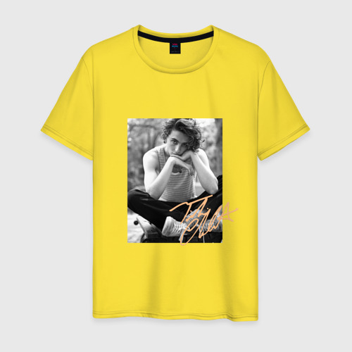 Мужская футболка хлопок Черно-белое фото Шаламе с автографом, цвет желтый