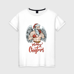 Женская футболка хлопок Merry Santa christmas - bad angel wings