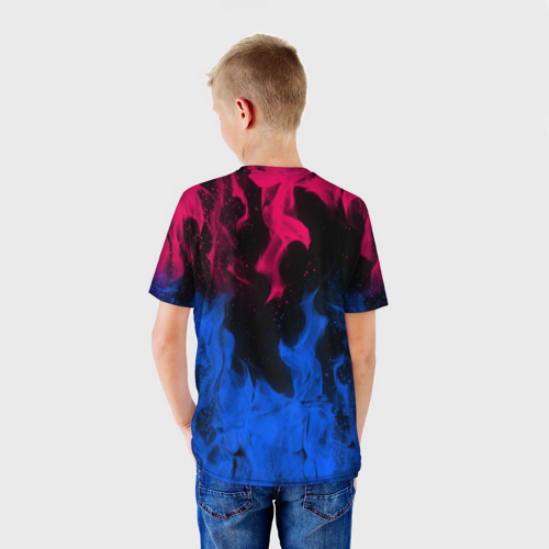 Детская футболка 3D с принтом BARCELONA NEON FIRE SPORT LOGO, вид сзади #2