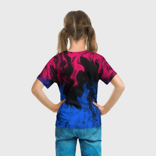 Детская футболка 3D с принтом BARCELONA NEON FIRE SPORT LOGO, вид сзади #2
